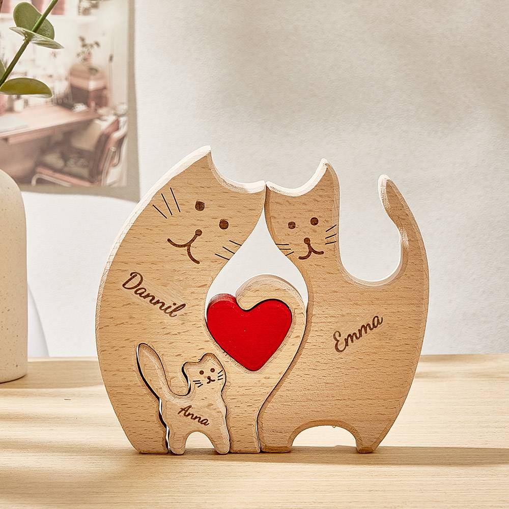 Personalized Wooden Cats Custom Family Member Names Puzzle Home Decor Gifts