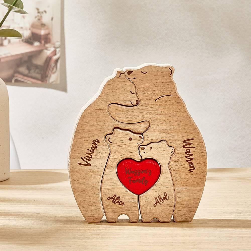 Personalized Wooden Hug Bears Custom Family Member Names Puzzle Home Decor Gifts