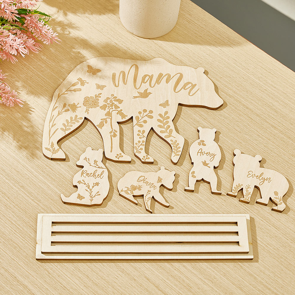 Personalized Mama Bear with Cubs Wood Desk Decor Gift for Mom