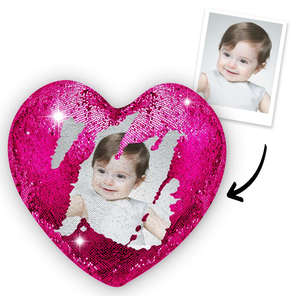 Custom Photo Magic Heart Sequins Pillow - Pink