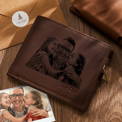 Father’s Day Gift Custom Brown Trifold Leather Photo Wallet Birthday Anniversary Gifts