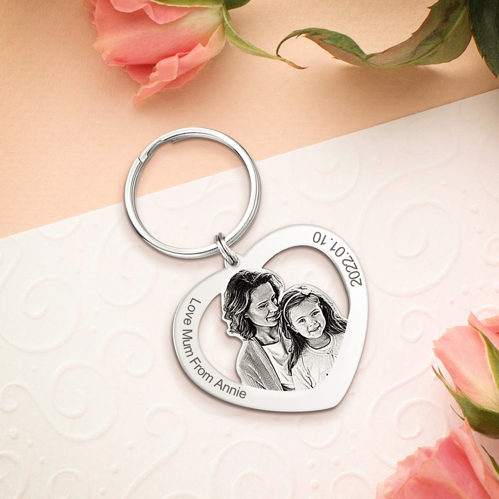 Custom Heart Keychain Personalised Engraving Keychain for Mum