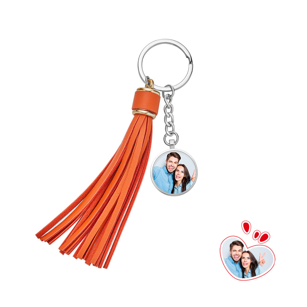 Custom Photo Leather Rope Tassel Round Keychain Creative Simplicity Keychain