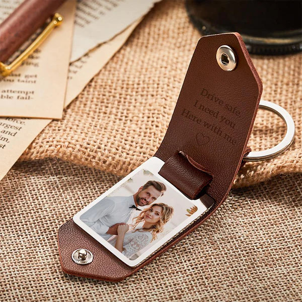 Personalised Photo Keychain with Text Leather Keyring