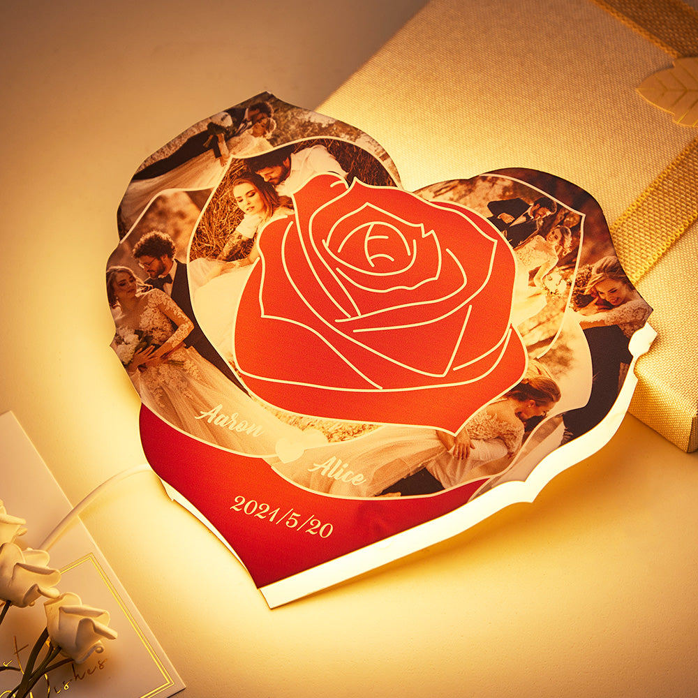 Custom Photo Engraved Night Light Heart Rose Romantic Couple Gifts