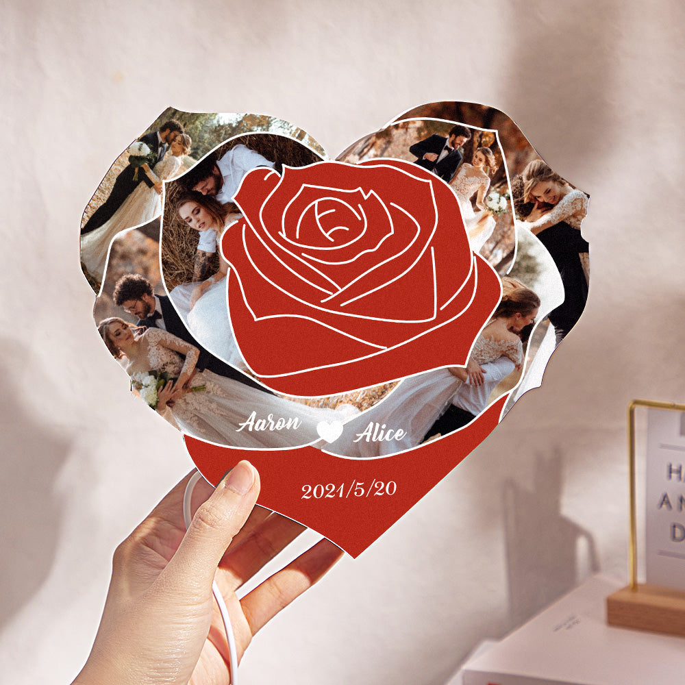 Custom Photo Engraved Night Light Heart Rose Romantic Couple Gifts