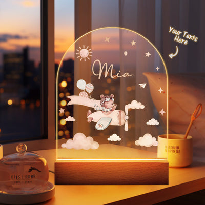 Personalised Baby Night Light With Wooden Base Custom Name Nursery Animals Light Baby Gift - photomoonlampuk
