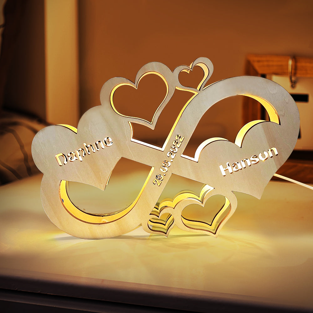 Custom Infinity Heart Lamp Personalised Engraved Name Wooden Night Light for Lover