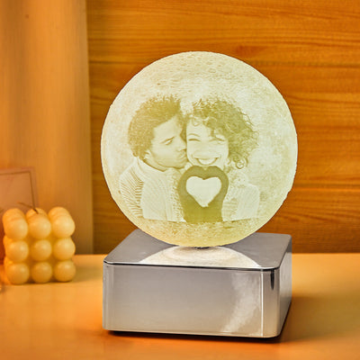 Personalised Photo Moon Lamp with Back Engraved Text For Couple Night Light with Bluetooth Silver Base - photomoonlampuk