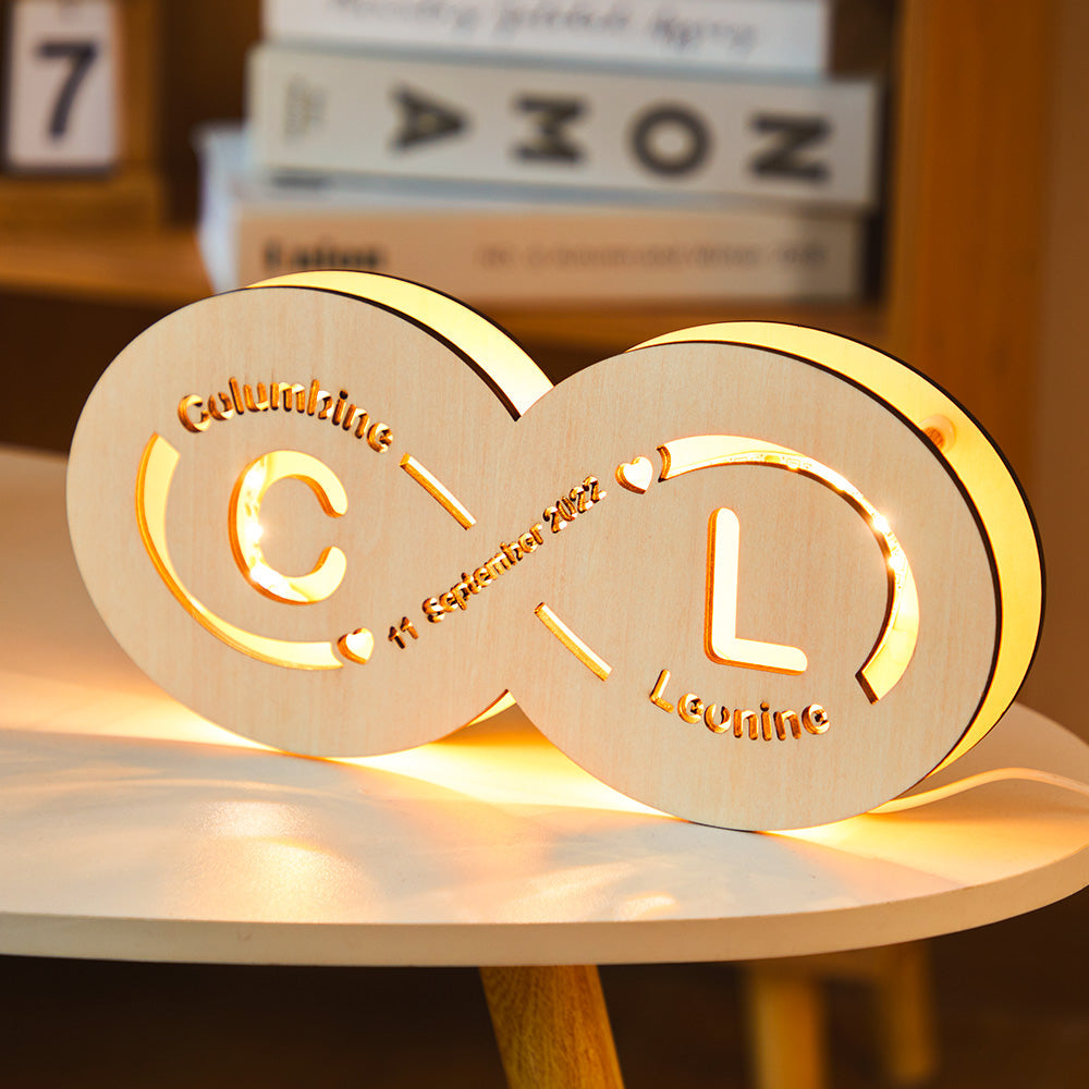Custom Name and Date Infinity Love Sign Night Light with Initials Wooden Lamp for Lovers