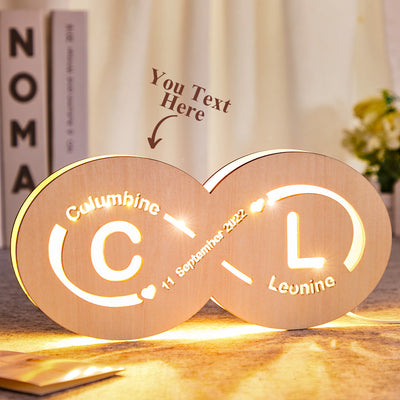 Custom Name and Date Infinity Love Sign Night Light with Initials Wooden Lamp for Lovers - photomoonlampuk