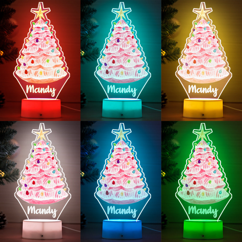 Custom Name Pink Christmas Tree with Multicolored Bulbs Lamp LED Night Light for Kids Gift