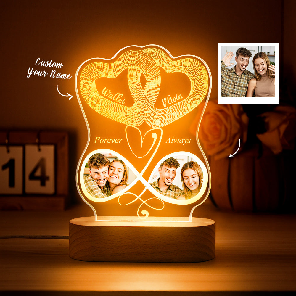 Infinity Symbol Love Custom Photo Acrylic Led Lamp, Personalised Plaque Valentine Gift For Wife, Anniversary Gift For Him, Heart In Heart