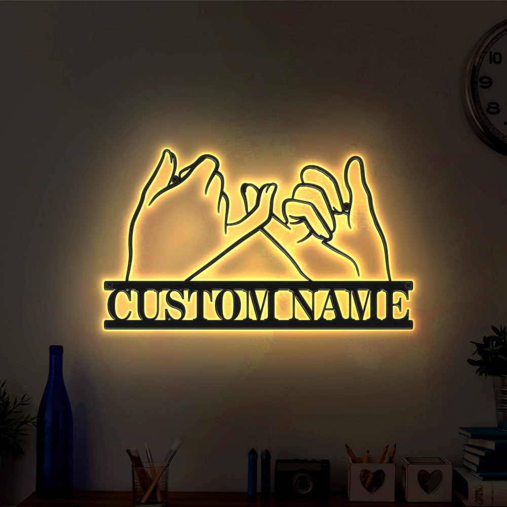 Custom Promise Hands Signs Metal Wall Art Personalized Couple Name LED Lights Decor Gift for Lover
