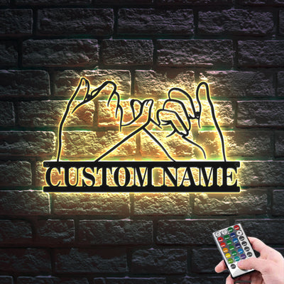 Custom Promise Hands Signs Metal Wall Art Personalized Couple Name LED Lights Decor Gift for Lover - photomoonlamp