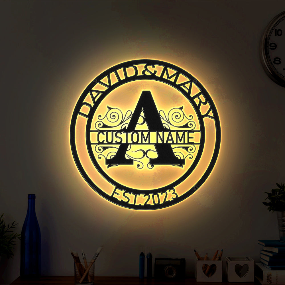 Custom Round Monogram Name Signs Metal Wall Art LED Lights Home Decor Gift