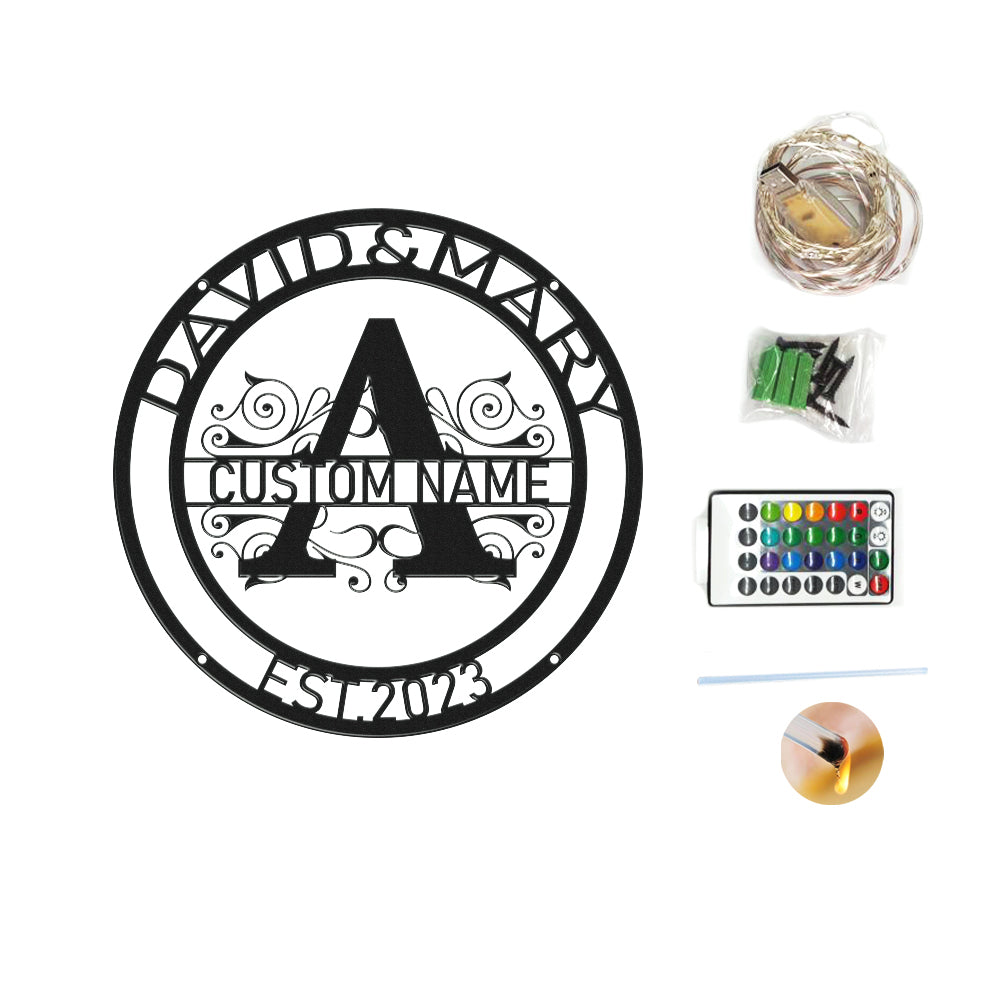 Custom Round Monogram Name Signs Metal Wall Art LED Lights Home Decor Gift
