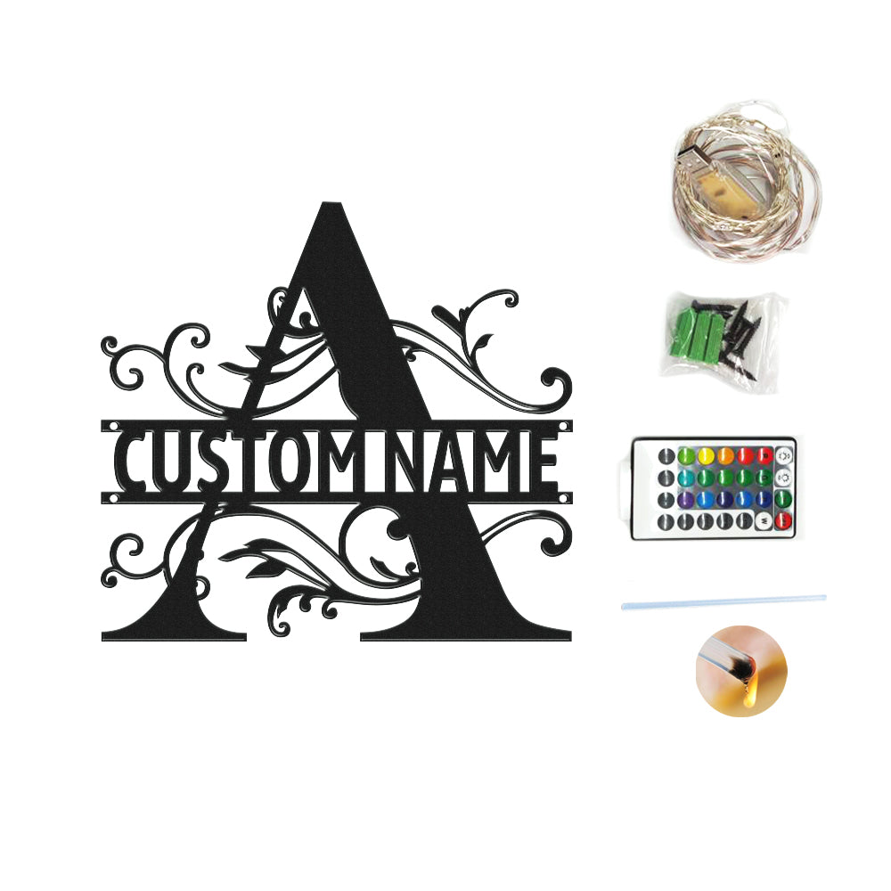 Custom Monogram Name Signs Metal Wall Art LED Lights Home Decor Gift